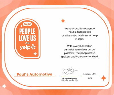 Yelp Certificate | Paul's Automotive